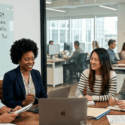 Four colleagues talking around a laptop in a bright office