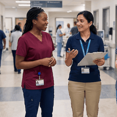 Three smiling nurses in scrubs talking in a hospital corridor