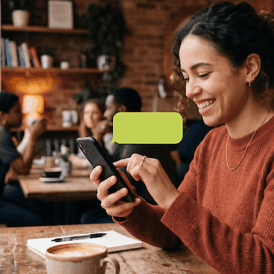 A smiling woman in a café looks at her phone, with a blank green text-message bubble beside it