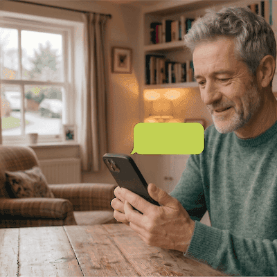 A smiling older man at a table at home looks at his phone, with a blank green text-message bubble beside it