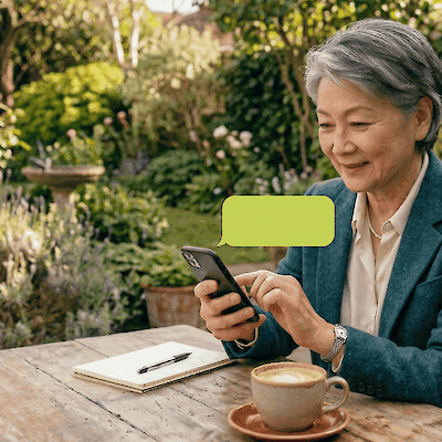 A smiling woman in a garden looks at her phone over coffee, with a blank green text-message bubble beside it